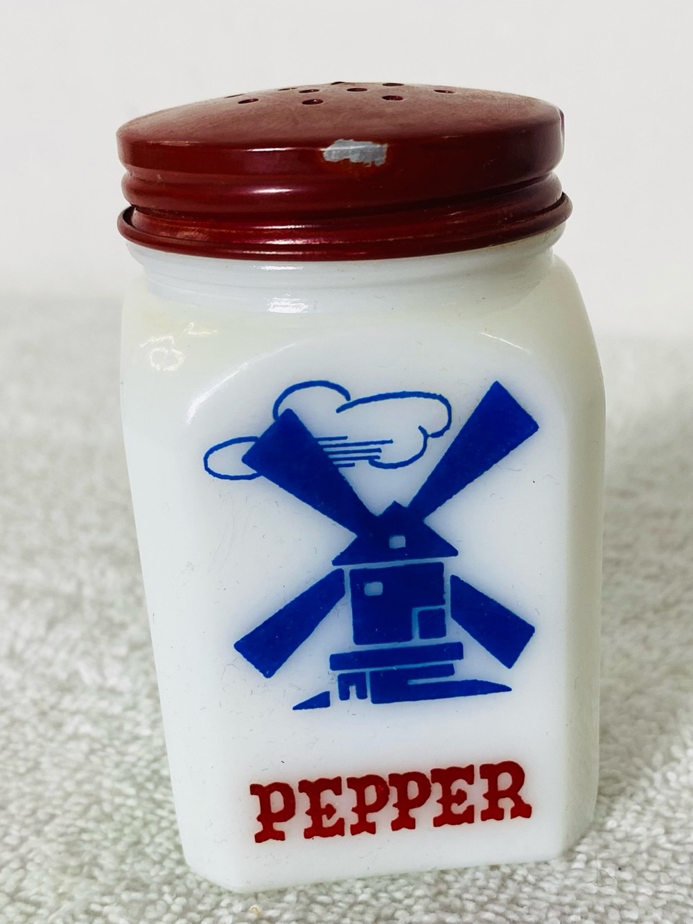 Vintage Camrose Alberta Advertising Milk Glass Pepper Shaker Windmill Duggan’s